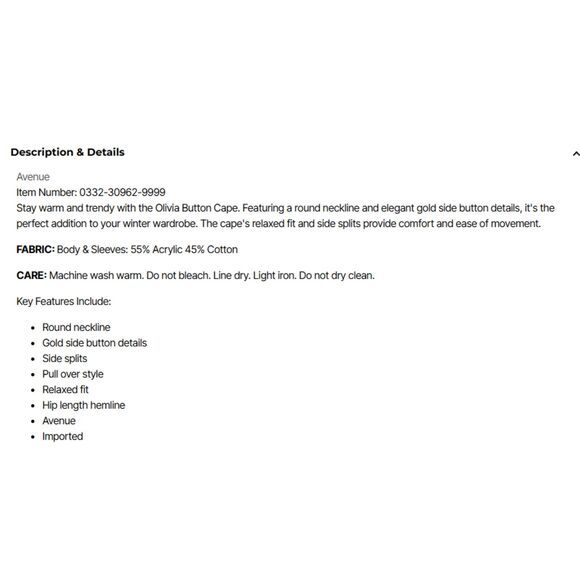 Olivia Button Cape, Size 22, in Black with Gold Buttons - Picture 5 of 5